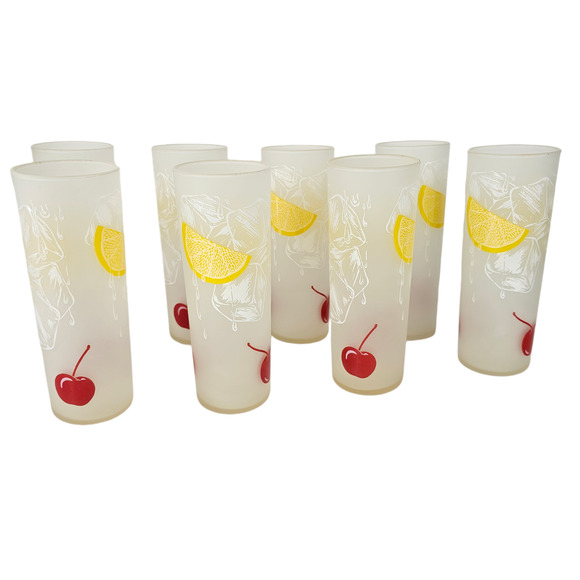 Vintage set 8 painted frosted Tom Collins glasses lemons cherries ice cubes - Picture 1 of 6